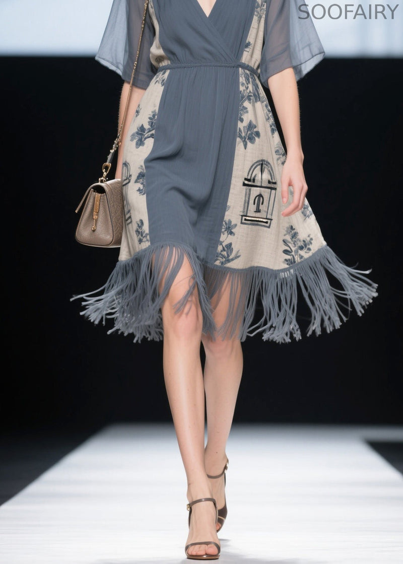V Neck Print Tassel Patchwork Cotton Dress Summer