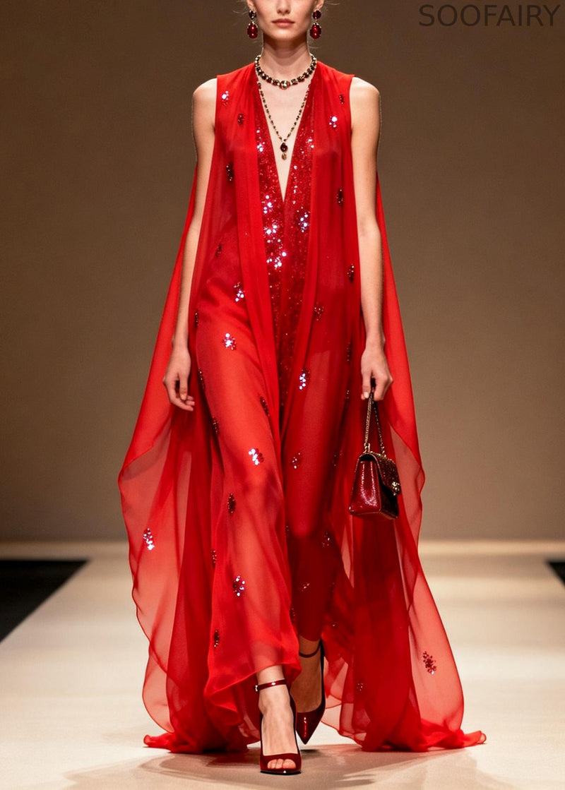 Red Sequins Rhinestone Chiffon Evening Dress Sleeveless