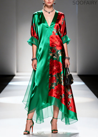 Boutique Tea Green Oversized Print Silk Long Dress Summer