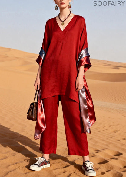 Red V Neck Patchwork Linen Silk Two Pieces Set Summer