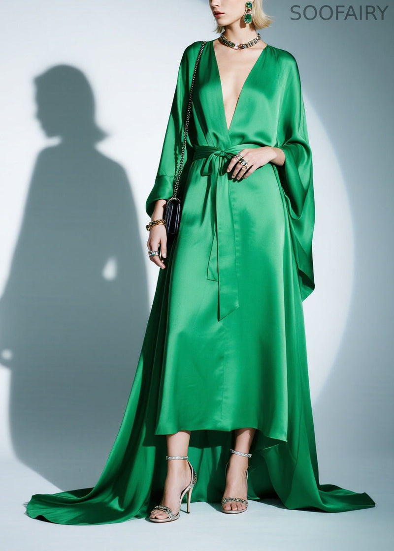 Boutique Green Tie Waist Exra Large Hem Silk Party Dresses Batwing Sleeve