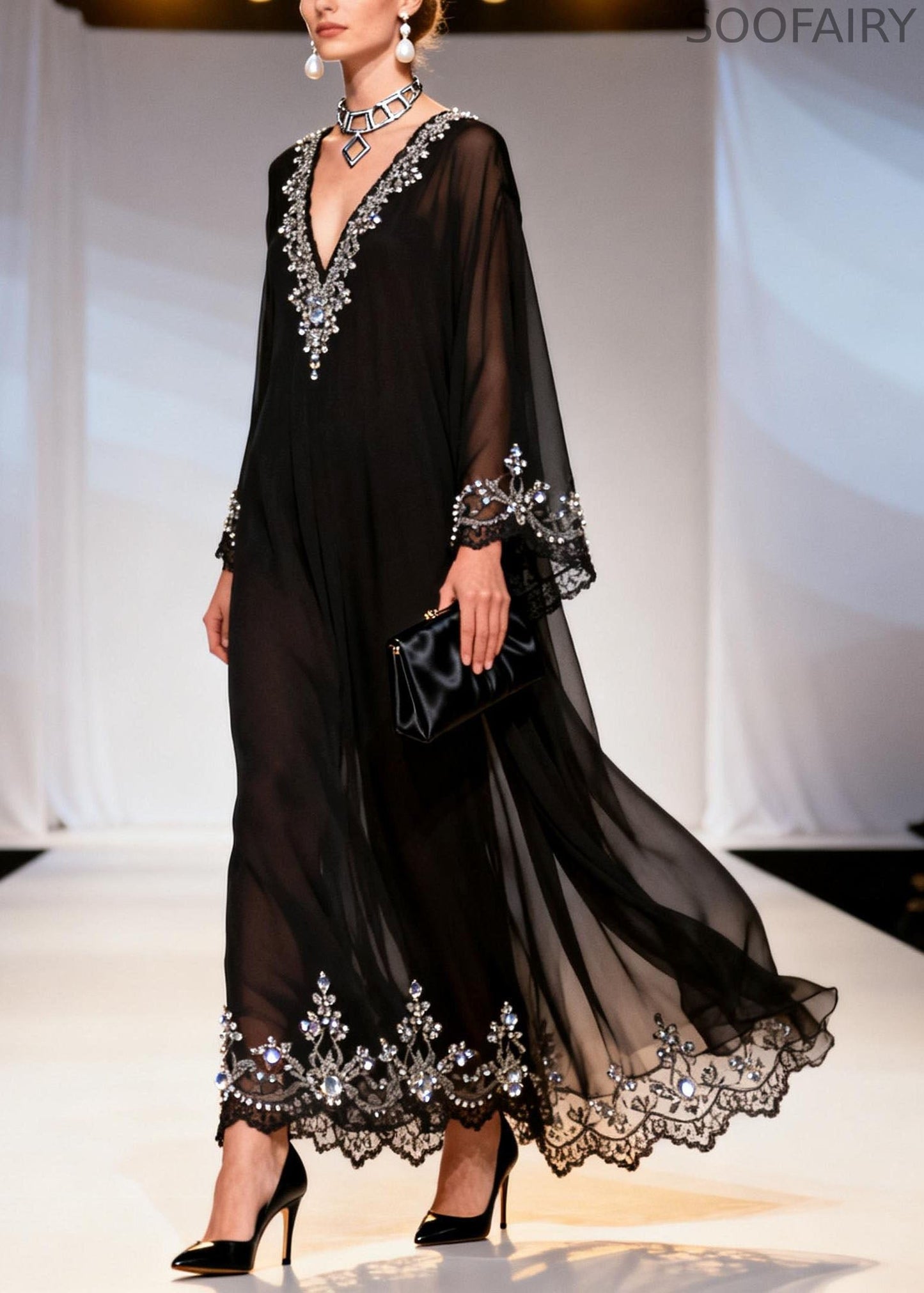 Black V Neck Zircon Patchwork Chiffon Dress Spring