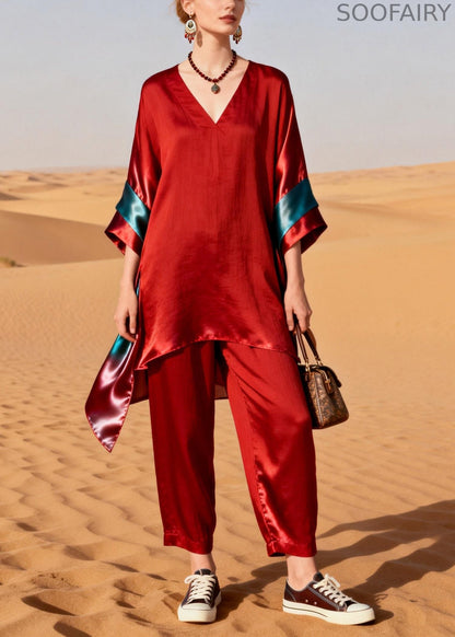 Unique Red V Neck Patchwork Linen Silk Two Pieces Set Summer
