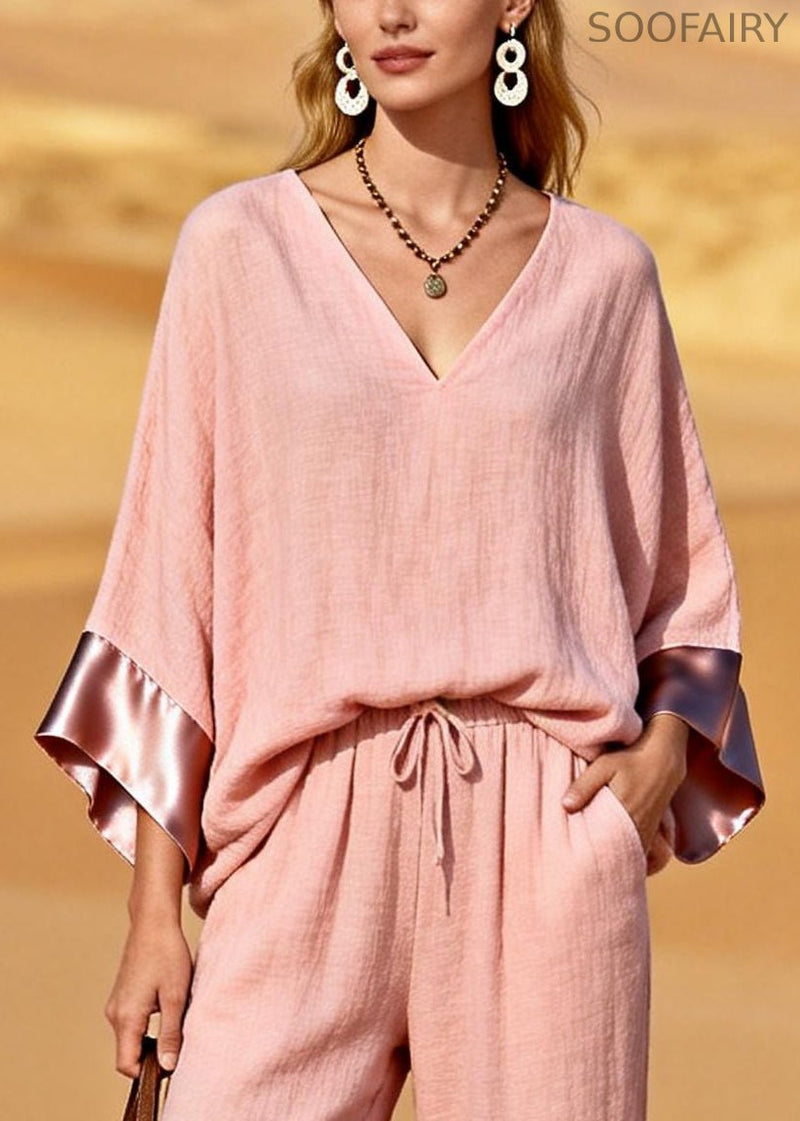 Pink V Neck Patchwork Cotton Two Pieces Set Spring