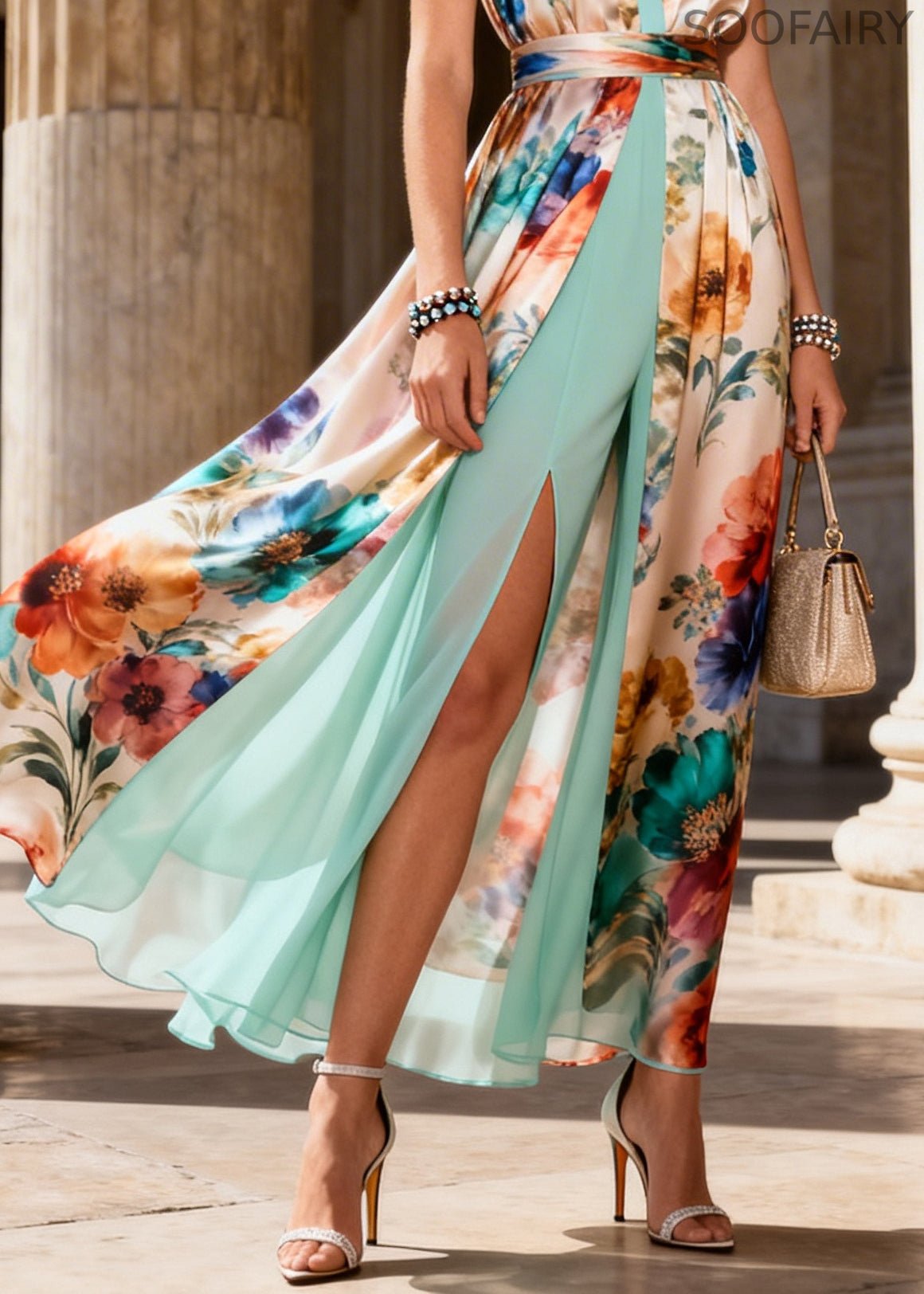 Beige Print Side Open Chiffon Fake Two Piece Long Dress Sleeveless