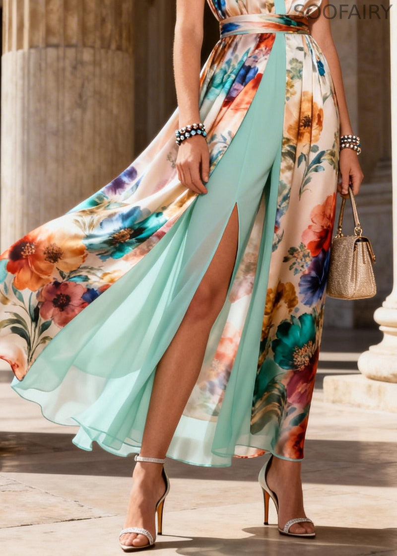 Beige Print Side Open Chiffon Fake Two Piece Long Dress Sleeveless