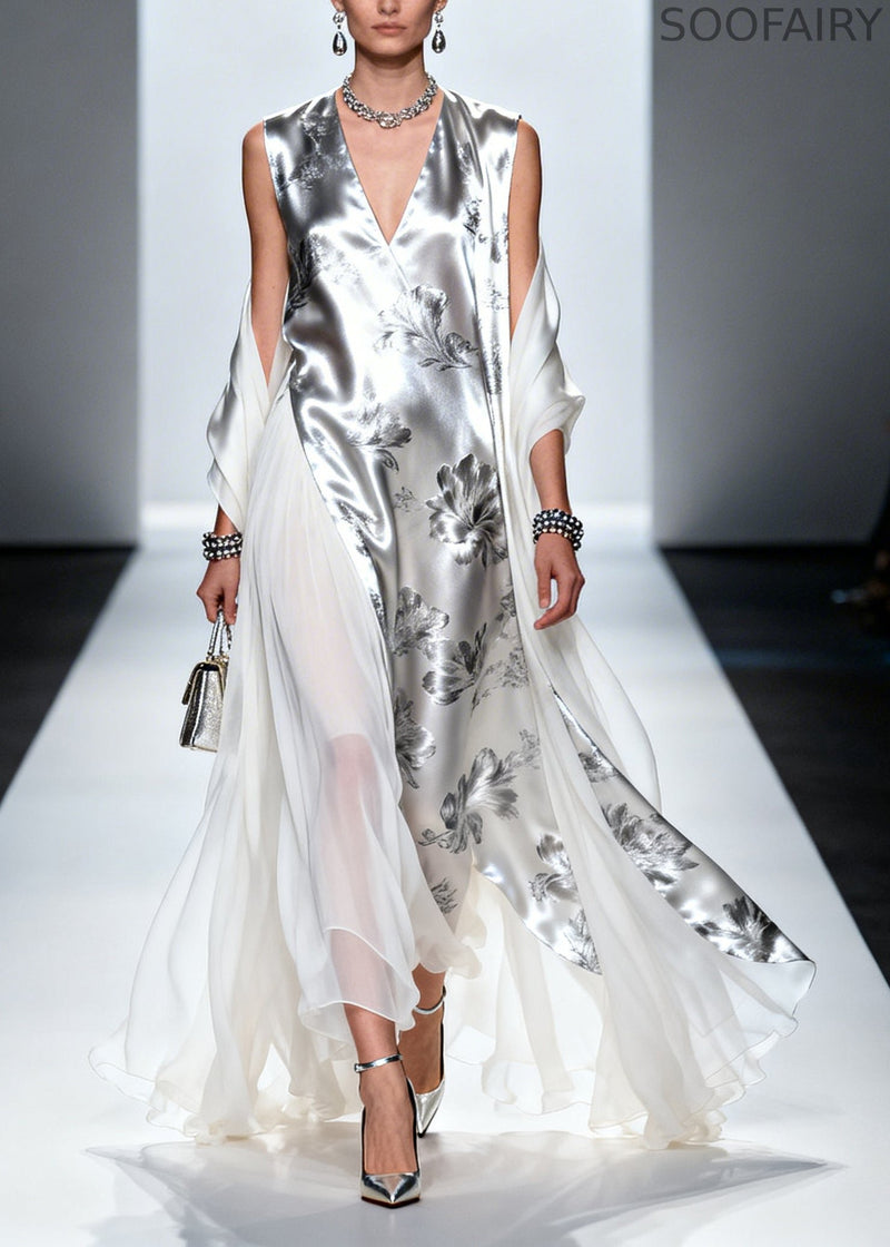 Silvery Print Patchwork Draping Silk Long Dress Summer