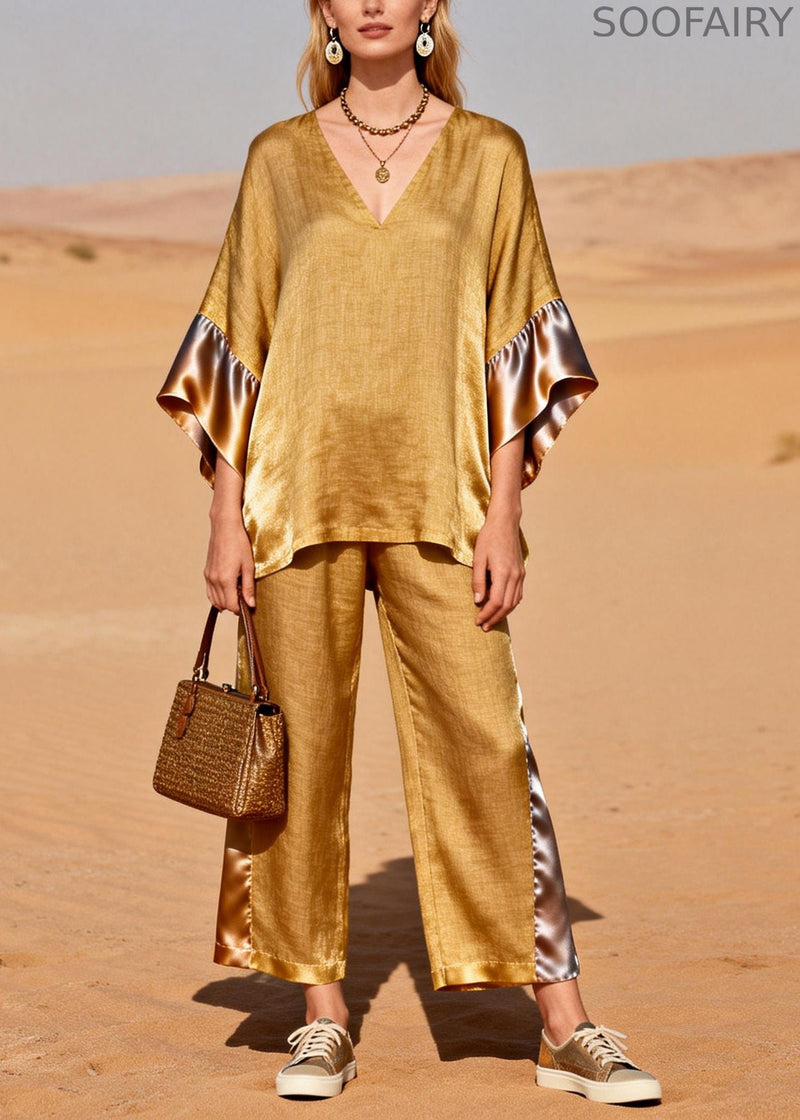 Fine Golden Oversized Patchwork Linen Silk Two Pieces Set Spring