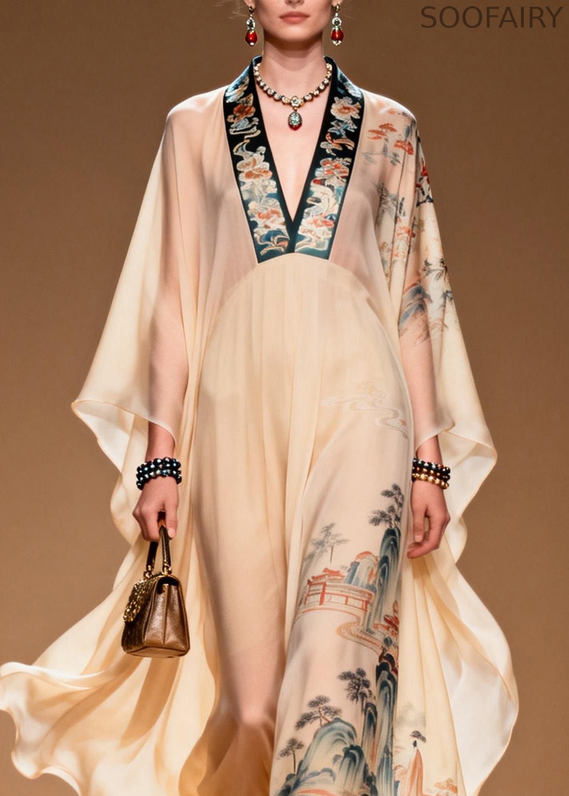 Boutique V Neck Print Patchwork Chiffon Long Dress Spring