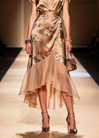 Art Ruffled Asymmetrical Print Patchwork Silk Dress Summer
