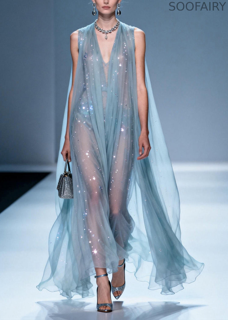 Italian V Neck Zircon Patchwork Chiffon Dress Sleeveless