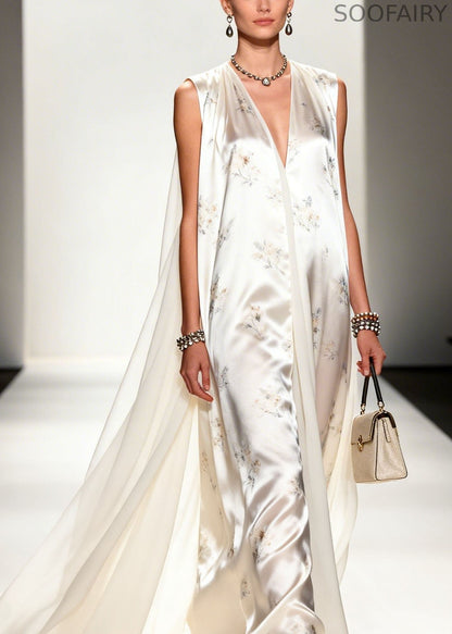 Modern V Neck Print Patchwork Silk Long Dresses Sleeveless