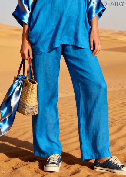 Diy Blue Oversized Patchwork Linen Silk Two Piece Set Outfits Spring