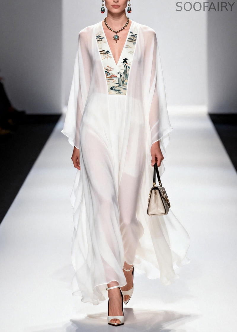 White V Neck Patchwork Chiffon Long Dresses Spring