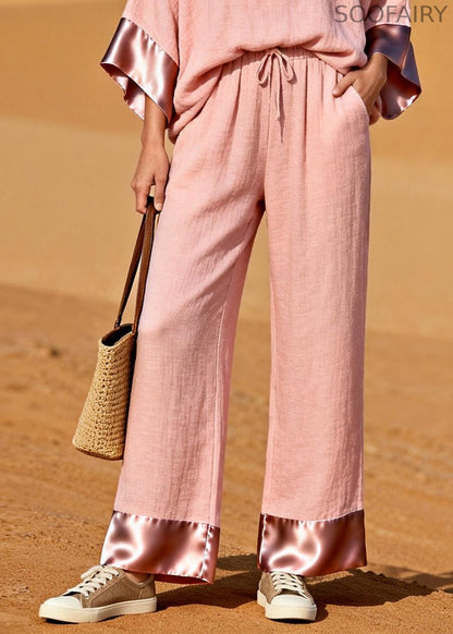 Pink V Neck Patchwork Cotton Two Pieces Set Spring