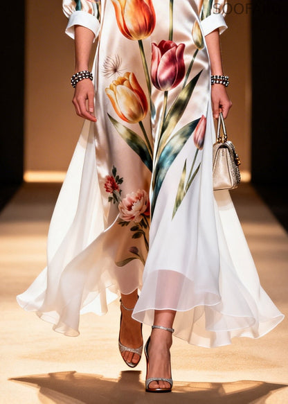 Unique Champagne Print Draping Silk Ankle Dress Summer