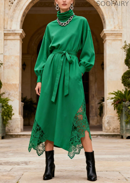Novelty Green Turtleneck Patchwork Pockets Maxi Dresses Lantern Sleeve