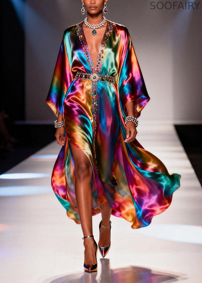 Gradient Color V Neck Zircon Chiffon Dress Summer