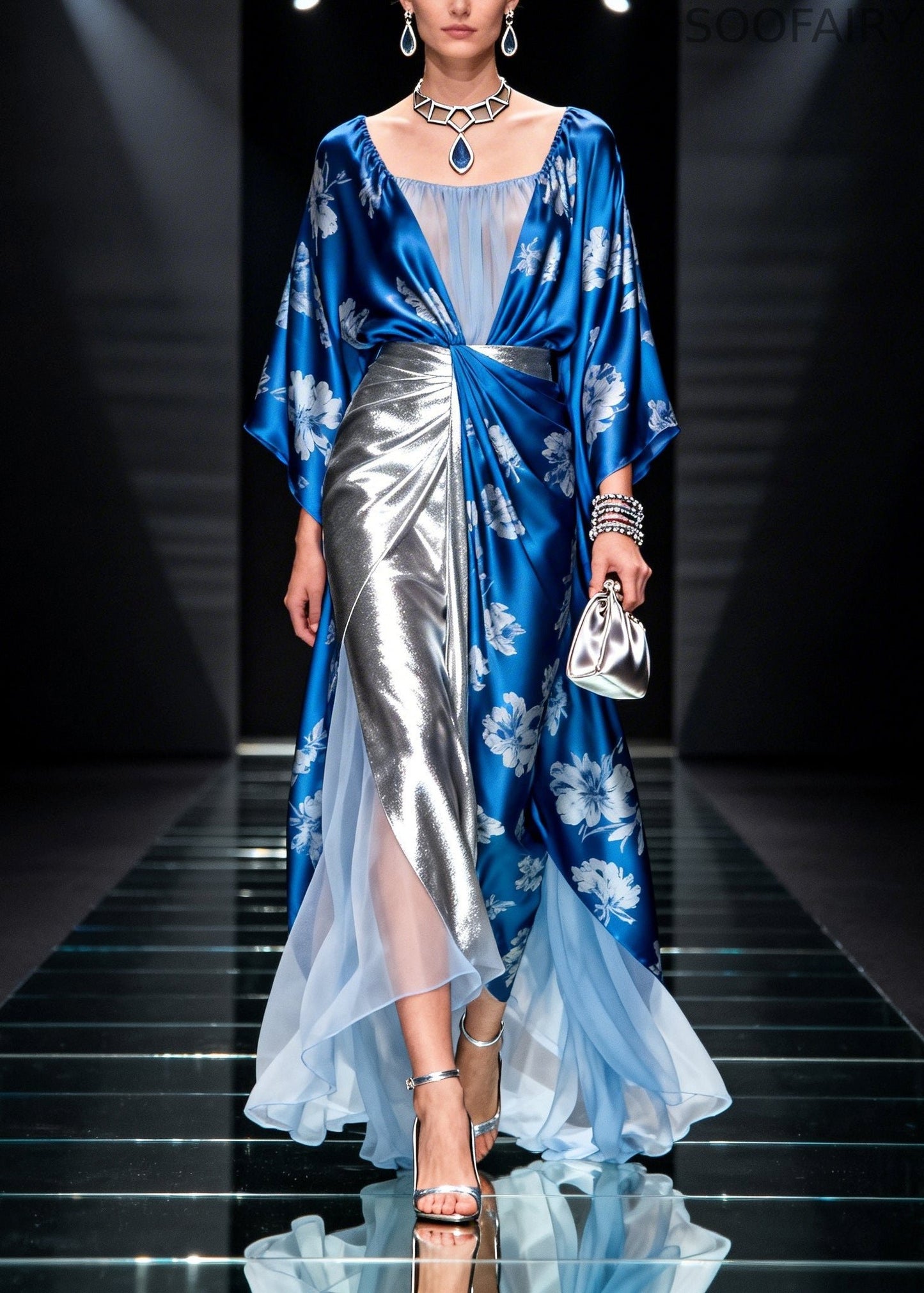 Handmade Blue Asymmetrical Patchwork Print Chiffon Dresses Summer