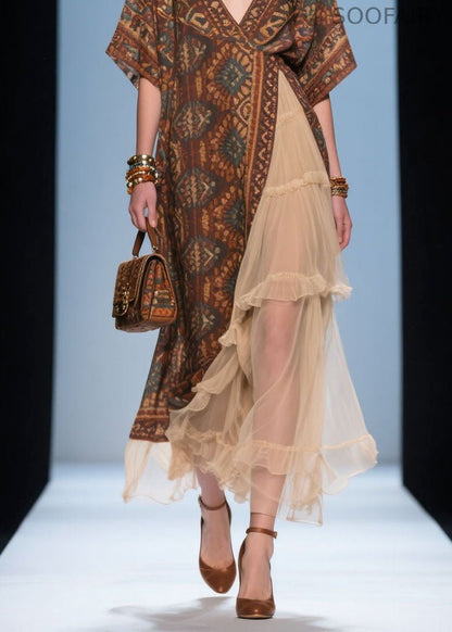 French V Neck Print Ruffled Patchwork Cotton Dress Summer