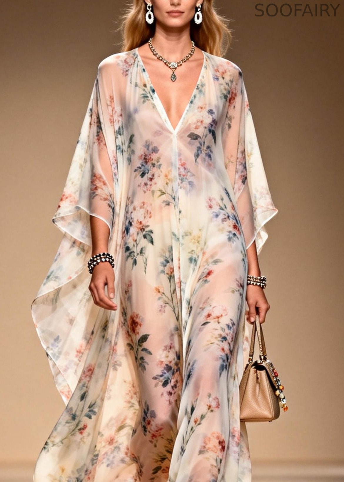French V Neck Print Chiffon Long Dresses Summer