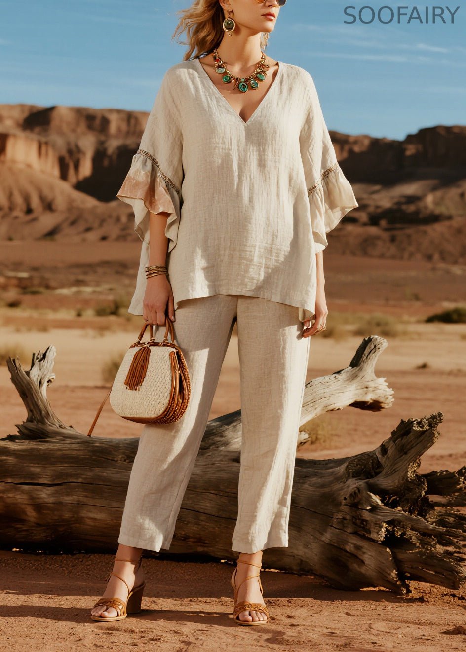 Simple Beige V Neck Patchwork Linen Two Pieces Set Butterfly Sleeve