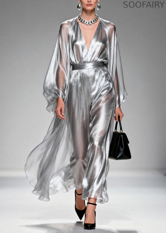 Silver V Neck Silk Long Dresses Spring