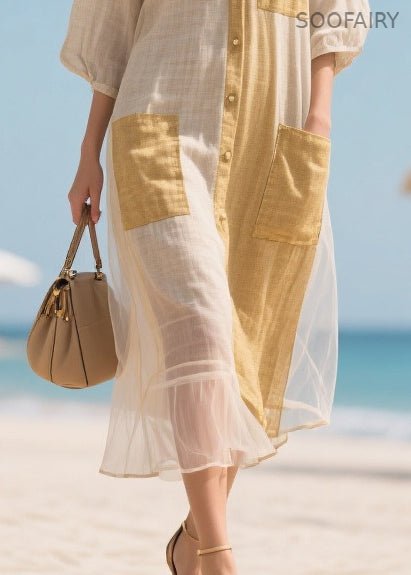 Beige V Neck Patchwork Tulle Maxi Dresses Bracelet Sleeve