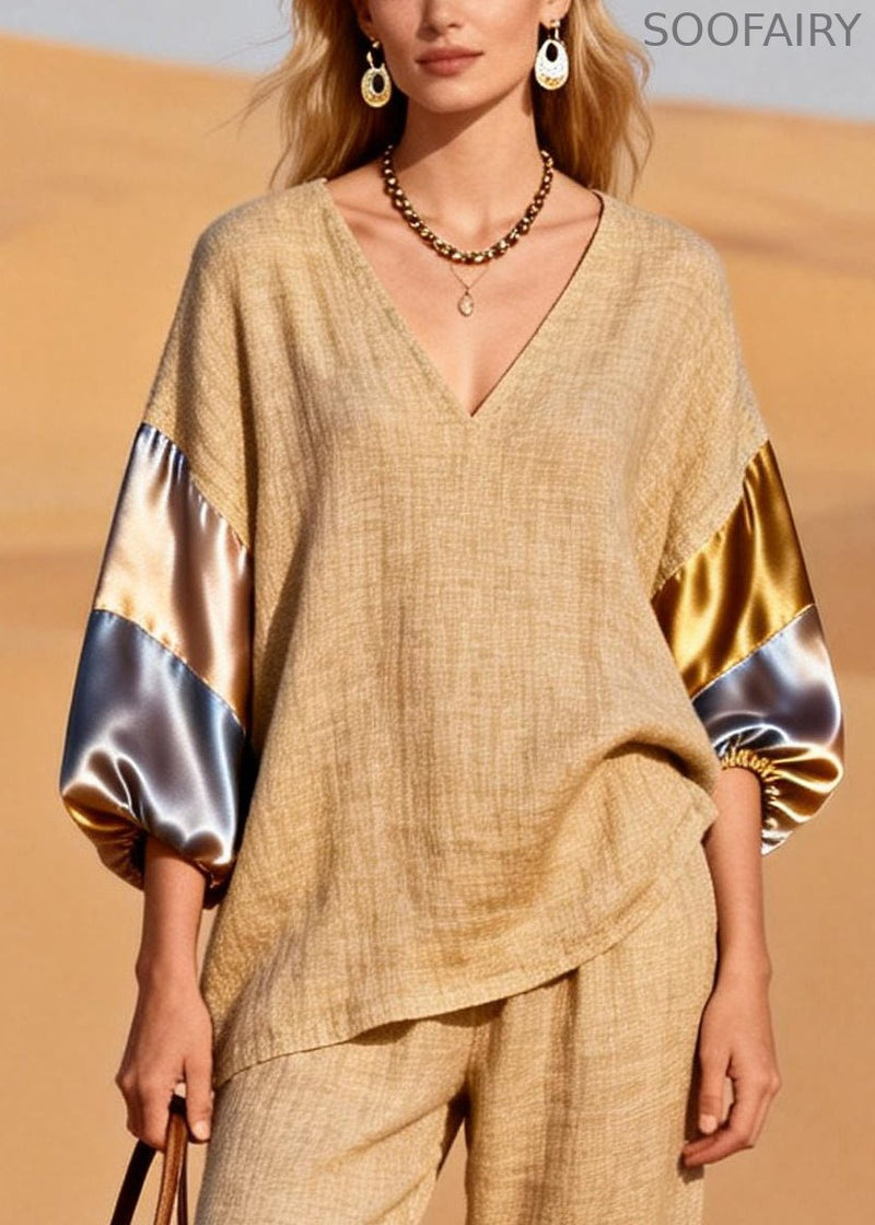 Khaki Oversized Patchwork Linen Two Pieces Set Spring