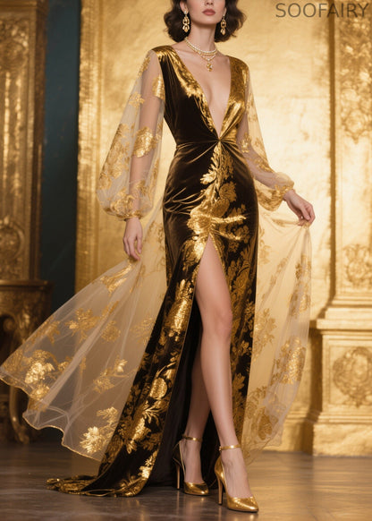 Golden Jacquard Patchwork Side Open Silk Velvet Dinner Dress Summer