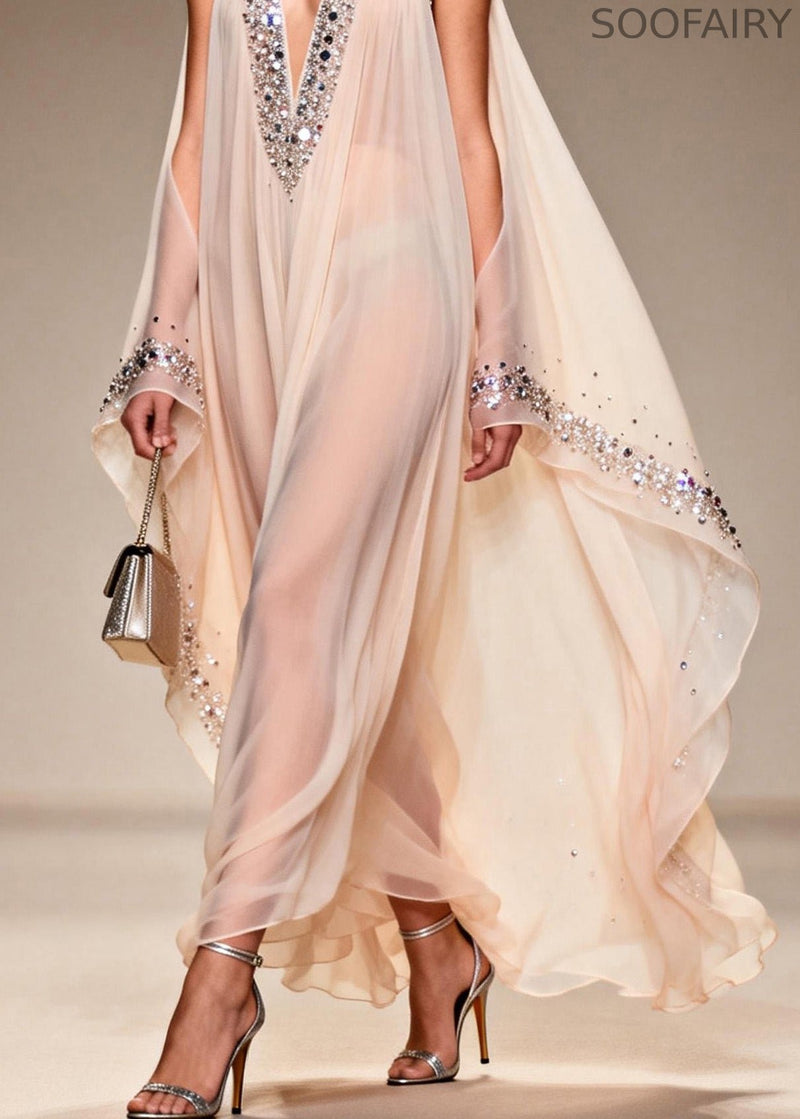Fitted V Neck Cold Shoulder Zircon Chiffon Dress Summer