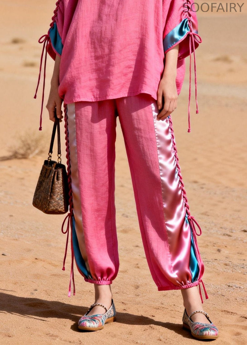 Pink Shirts and Crop Pants Silk Patchwork Two Piece Set Cinched Summer