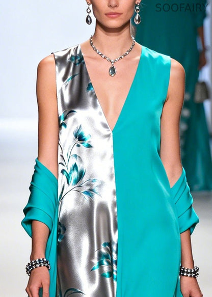 Green Asymmetrical Patchwork Chiffon Dress Sleeveless