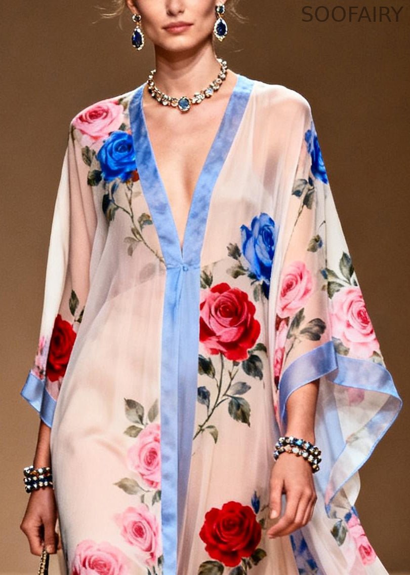 French White Oversized Print Chiffon Beach Dress Summer