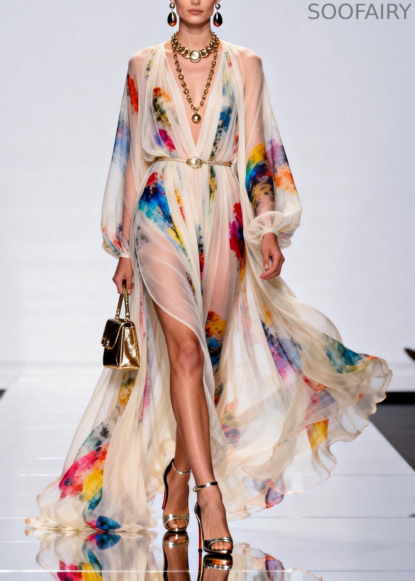 V Neck Side Open Print Cotton Robe Dresses Spring