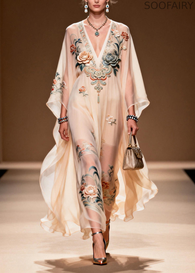 V Neck Print Chiffon Long Dress Spring