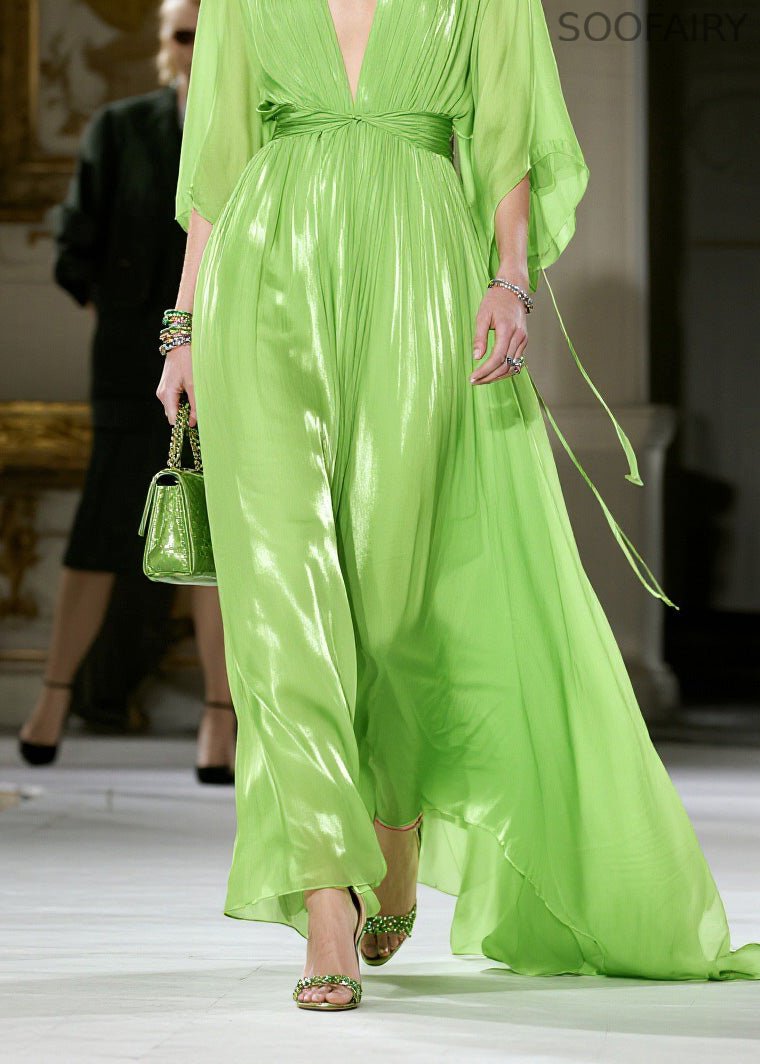 French Green V Neck Wrinkled Chiffon Dress Summer