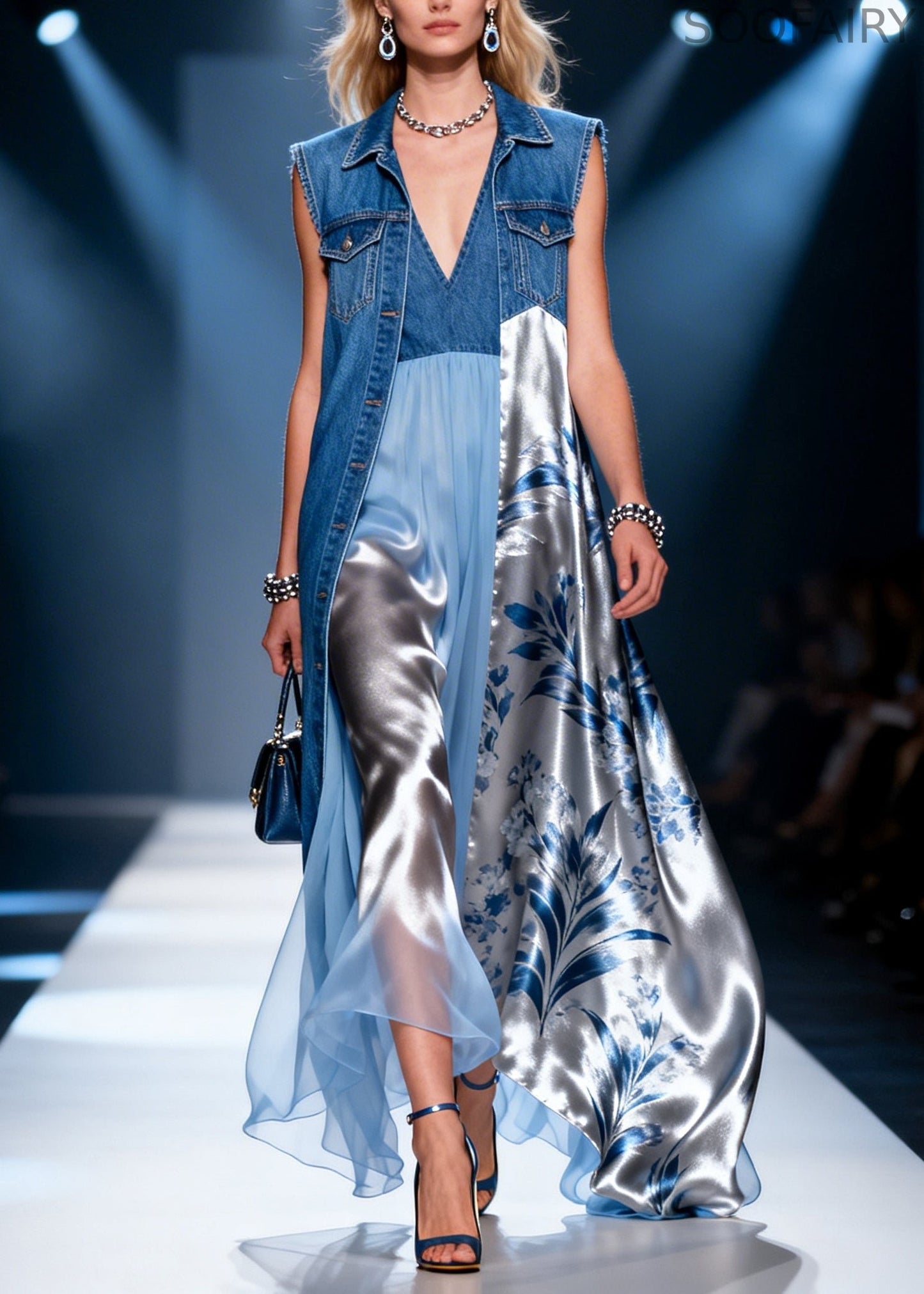 Denim Blue Patchwork Chiffon Dress Two Piece Set Asymmetrical Summer