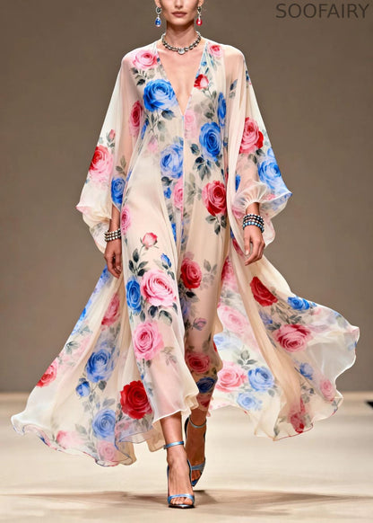 Italian Beige Print Exra Large Hem Chiffon Maxi Dresses Summer