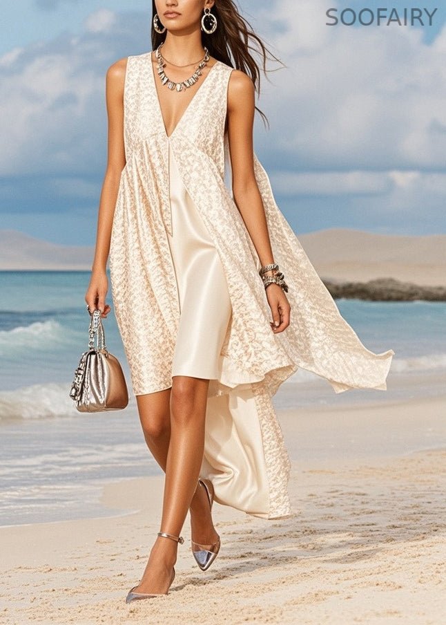 Stylish White Jacquard Asymmetrical Design Silk Cami Dresses Summer