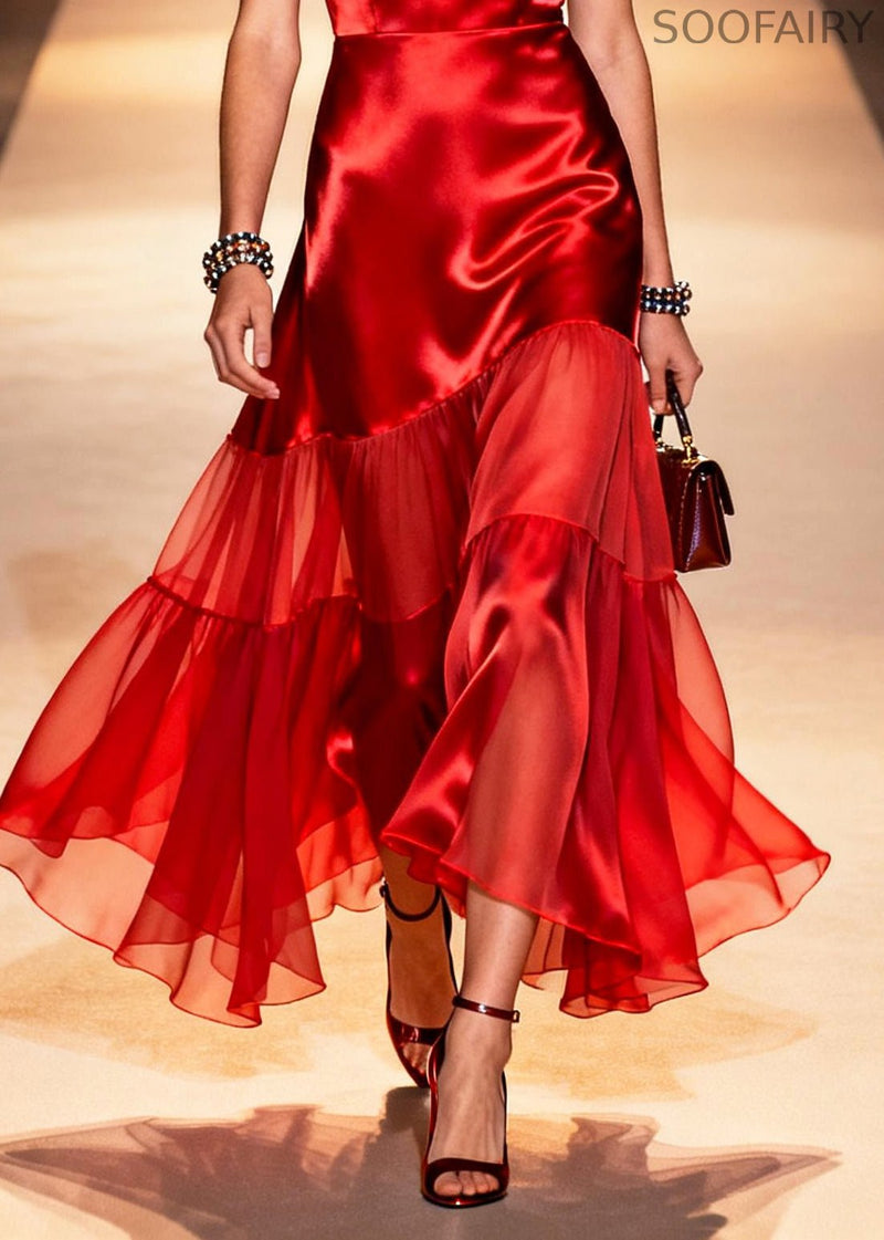 Red Patchwork Chiffon Silk Long Dress Exra Large Hem Summer