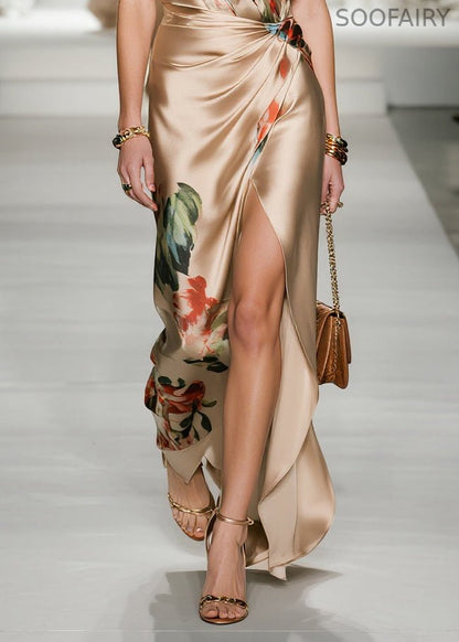 Champagne Print Side Open Silk Party Dress Summer