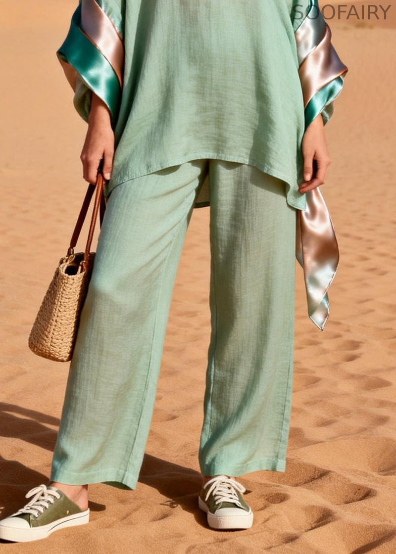 Loose Green V Neck Silk Patchwork Linen Two Piece Set Spring