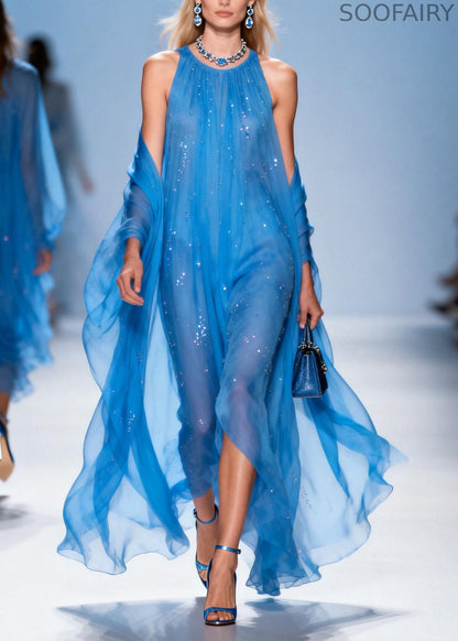 French Blue O Neck Zircon Patchwork Chiffon Dress Summer