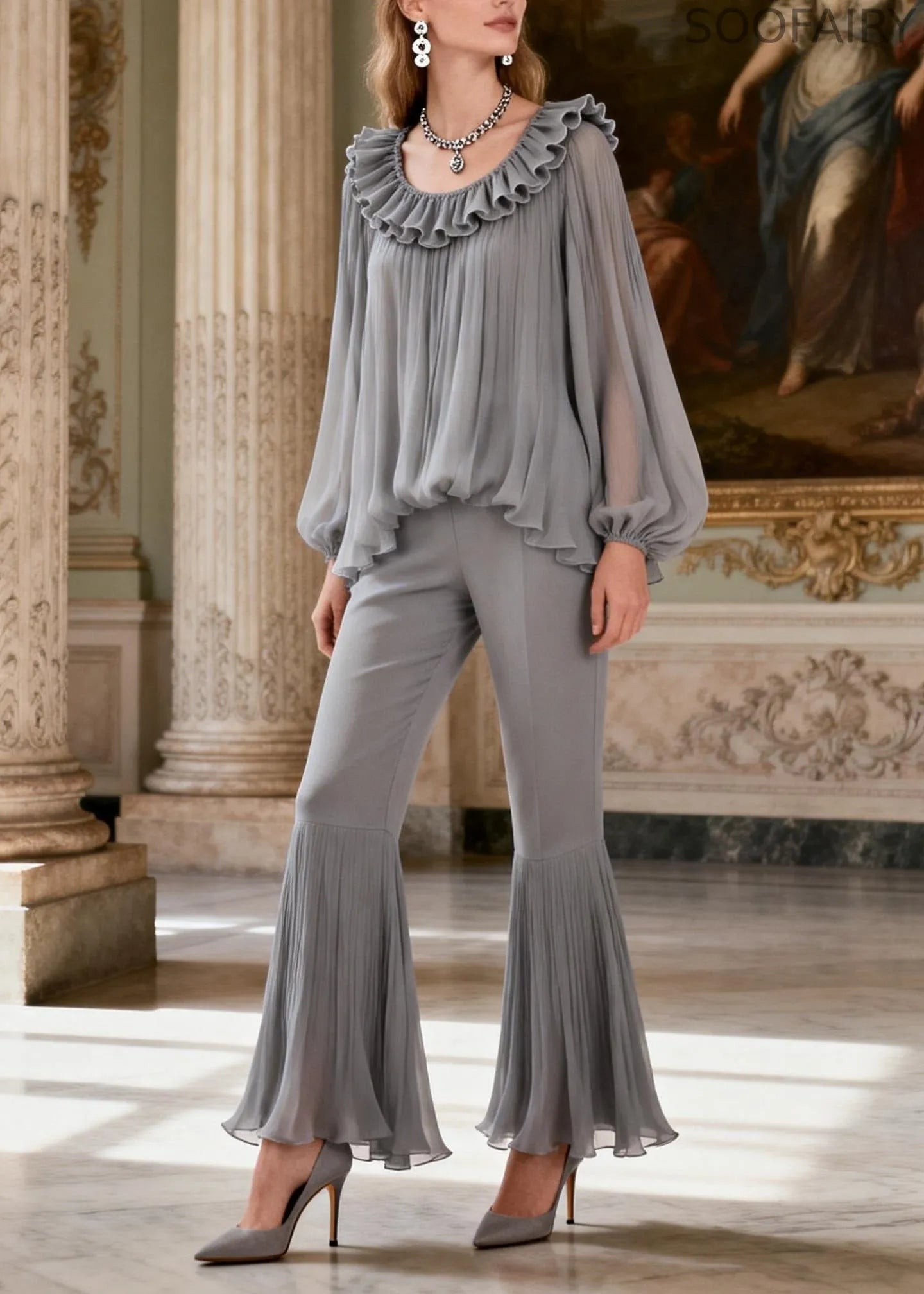 Grey Ruffled Patchwork Linen Silk 2 Piece Outfit Spring