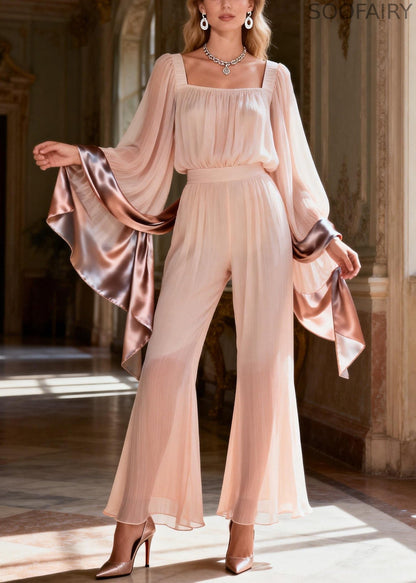 Diy Pink Square Collar Wrinkled Silk Top and Flared Trousers Two Piece Set Spring