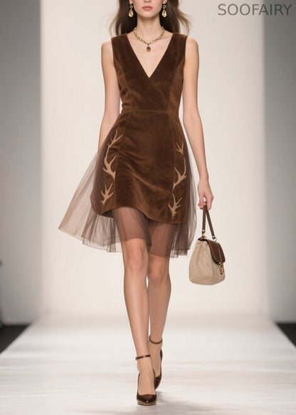 Italian V Neck Tulle Patchwork Velour Dresses Sleeveless