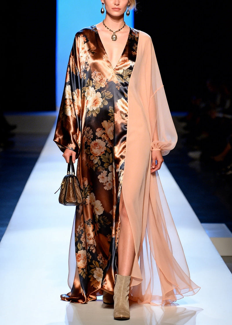 French Brown Asymmetrical Patchwork Print Silk Long Dress Spring