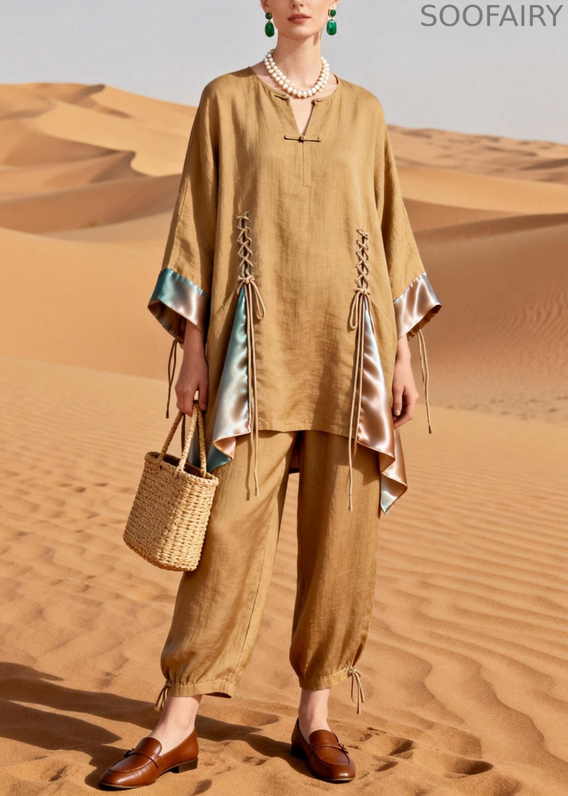 Original Designkhaki Lace Up Patchwork Silk Linen Two Pieces Set