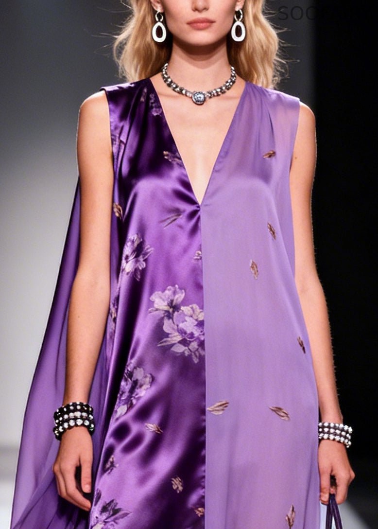 Purple Asymmetrical Patchwork Chiffon Ankle Dress Sleeveless